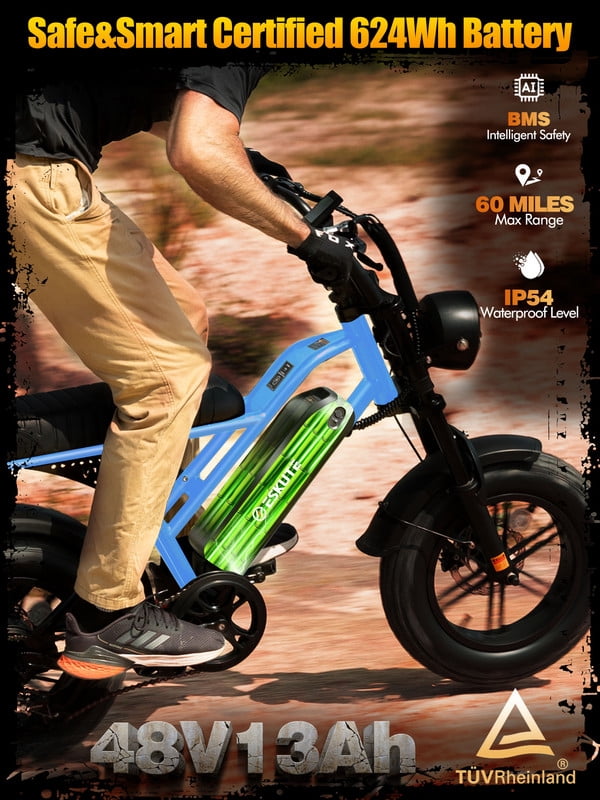 ESKUTE V100 Electric Bike for Teens Adults, 750W Peak 1500W 28 Mph 48V 13 Ah,16"x4.0" Fat Tire E Bicycle, 7-Speed E-Bike with Dual Suspension, Blue with Lock & Phonebag，UL2849