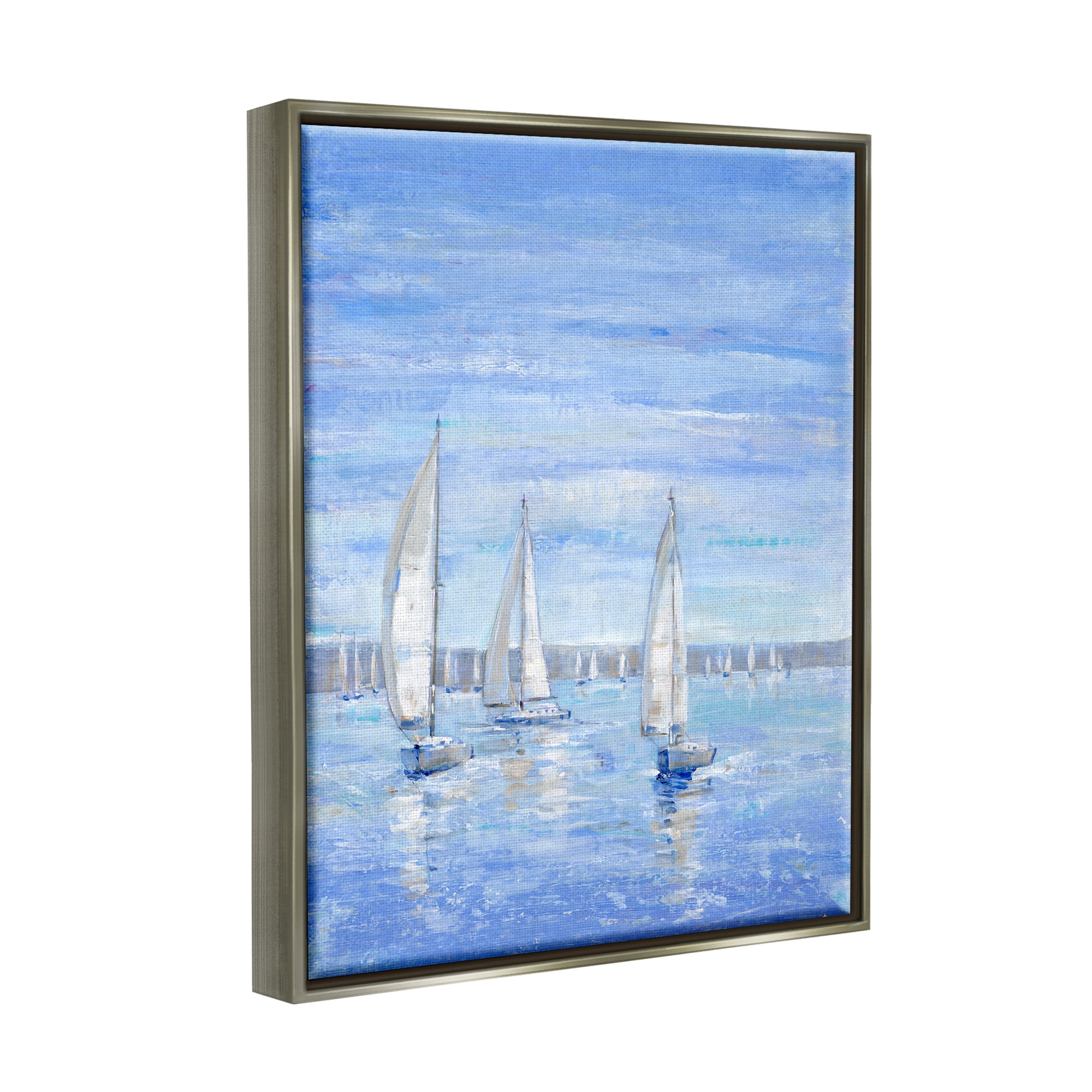 Stupell Industries Blue Sailboat Fleet Transportation Painting Gray Floater Framed Canvas Art Print Wall Art, 17 x 21