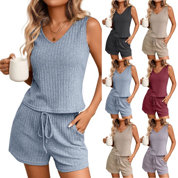 Bovxnpu 2 Piece Lounge Set for Women V Neck Sleeveless Tank Elastic Waist Shorts 2Pc Set
