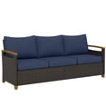 thumbnail image 2 of Outsunny 3 Seater Outdoor Couch Sofa, PE Wicker Patio Sofa with Wide Deep Seat, 4" Cushions, Wood-Effect Armrests and Legs, Dark Blue, 2 of 9