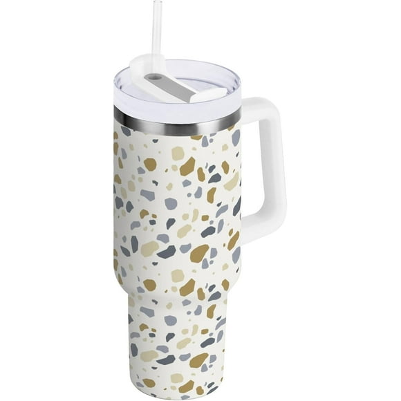 40 oz Tumbler with Handle Lid and Straw Insulated Water Tumbler Stainless Steel Water Cup Mug Bottle Reusable Cup Holder Friendly Terrazzo