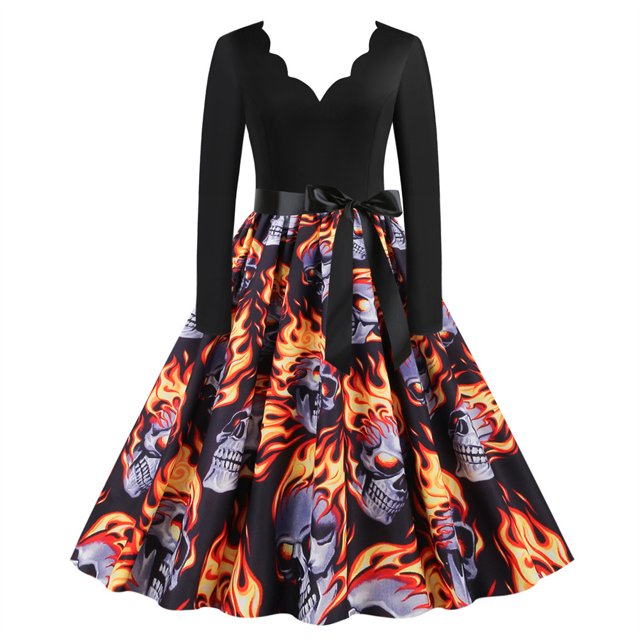 Disfraz de Halloween con estampado de calavera aterrador para mujer, disfraz de carnaval, fiesta para niña, vestidos de fiesta de noche de manga larga de los años 50