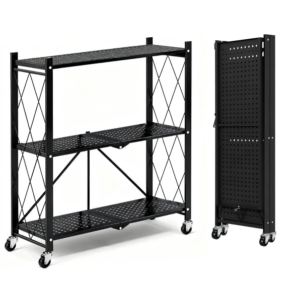 TAIMASI 3-Tier Foldable Metal Storage Shelf with Wheels, Heavy-Duty Movable Wire Rack for Garage, Kitchen, Basement, Pantry, 27.75''L x 13.38''W x 34.44''H-Black
