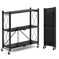 TAIMASI 3-Tier Foldable Metal Storage Shelf with Wheels, Heavy-Duty Movable Wire Rack for Garage, Kitchen, Basement, Pantry, 28''L x 13.4''W x 34.7''H-Black