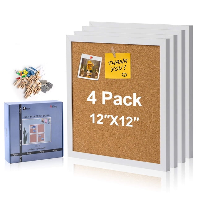 Tablón de anuncios de corcho AkTop, 30 x 30 cm, blanco, paquete de 4 con clips