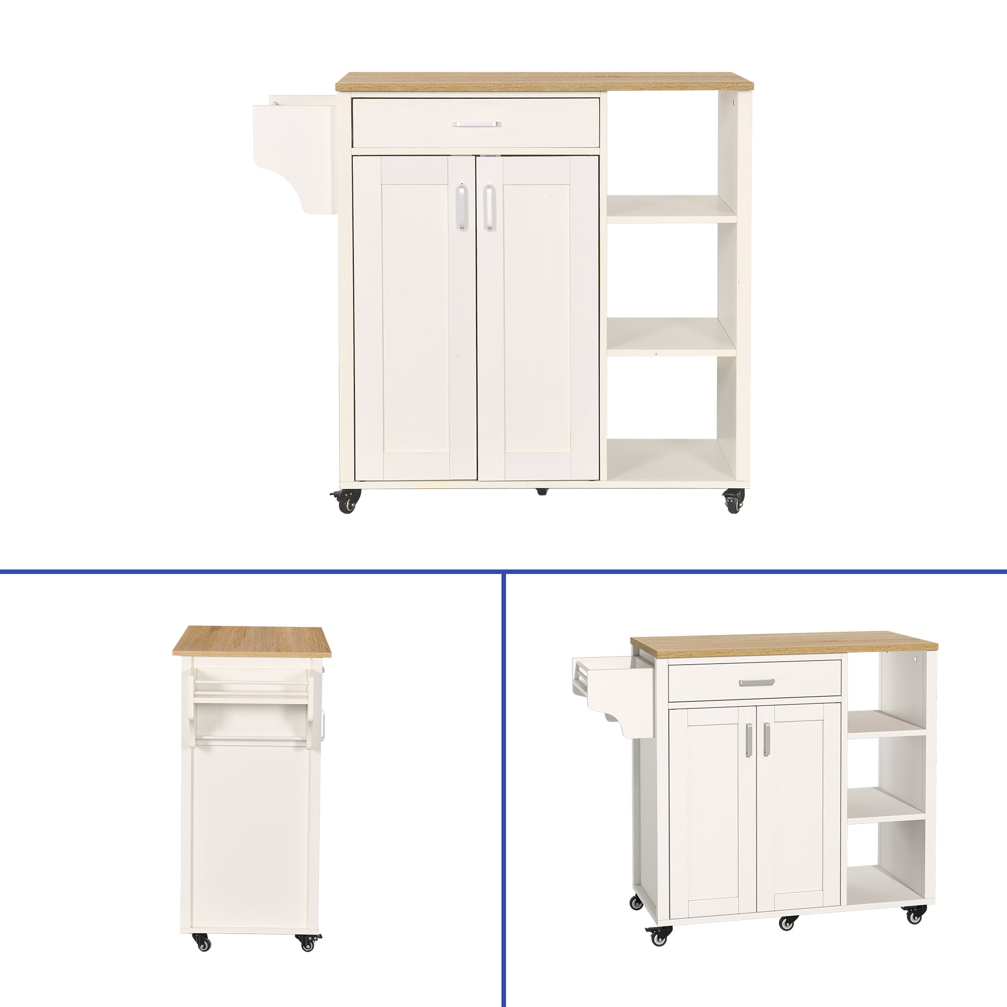 ModFusion 35" Rolling Kitchen Island Cart – 2 Doors, Drawer, Open Shelves, Spice & Wine Racks, Locking Wheels