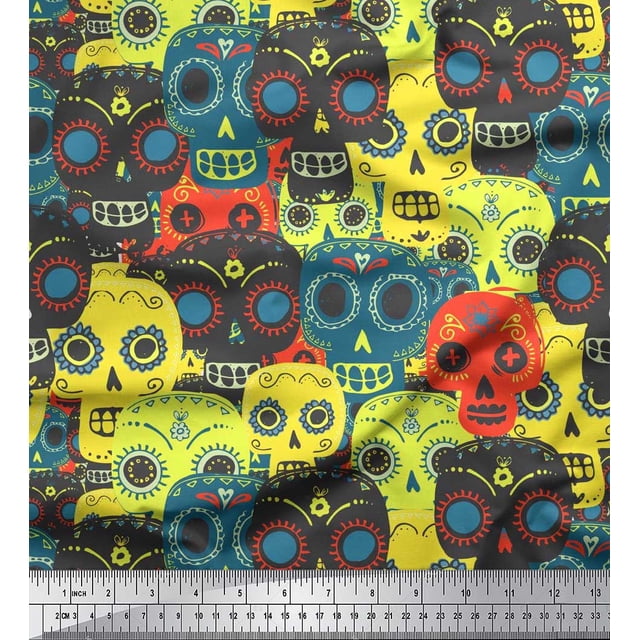 Soimoi Velvet Fabric Artistic Skull Print Sewing Fabric Yard 58 Inch Wide