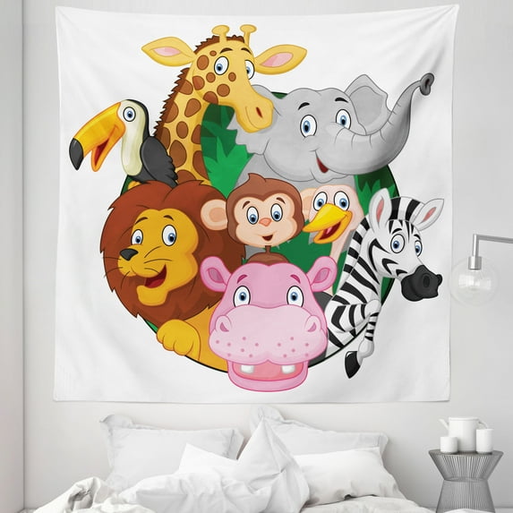 Colorful Tapestry, Exotic Safari Animals All Together Comic Creature Zebra Friend Sketch, Fabric Wall Hanging Decor for Bedroom Living Room Dorm, 5 Sizes, Multicolor, by Ambesonne