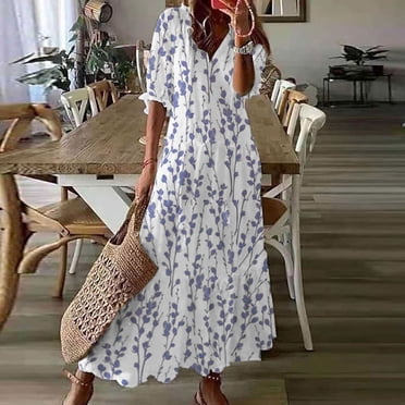 Lenago Sun Dresses for Women Plus Size Fashion Casual Spring And Summer V-neck Three-quarter Sleeve Printed Dress Beach Flowy Long Dress