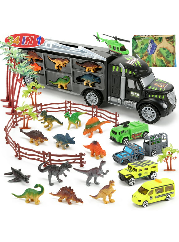 JoyStone 34 in 1 Dinosaurs Truck, Dino Transport Car Carrier Truck Toy with 12 Mini Dinosaur Figures and 4 Cars, Dino Park Toy Birthday Gift for 3+ Year Old Boys and Toddlers