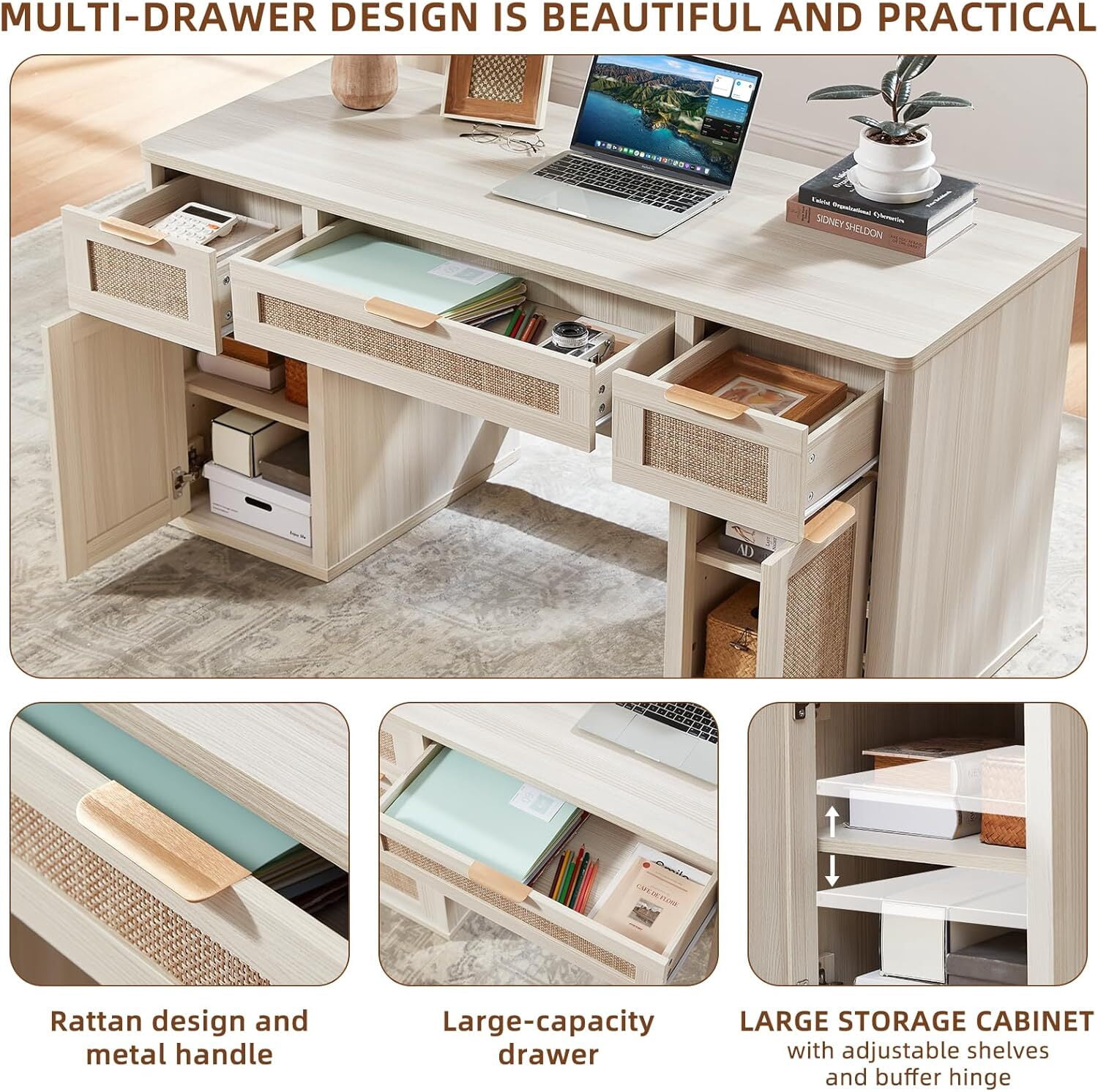 56" Home Office Desk with 3 Drawers & 2 Cabinet, Modern Computer Desk with Small Space, Corner Computer Desk, Grey White