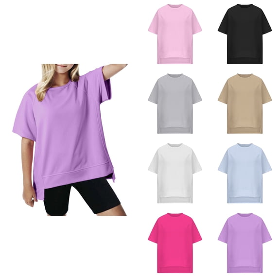 SROBPTY Kids Girls Summer Short Sleeve Solid Color Casual Tshirt Top
