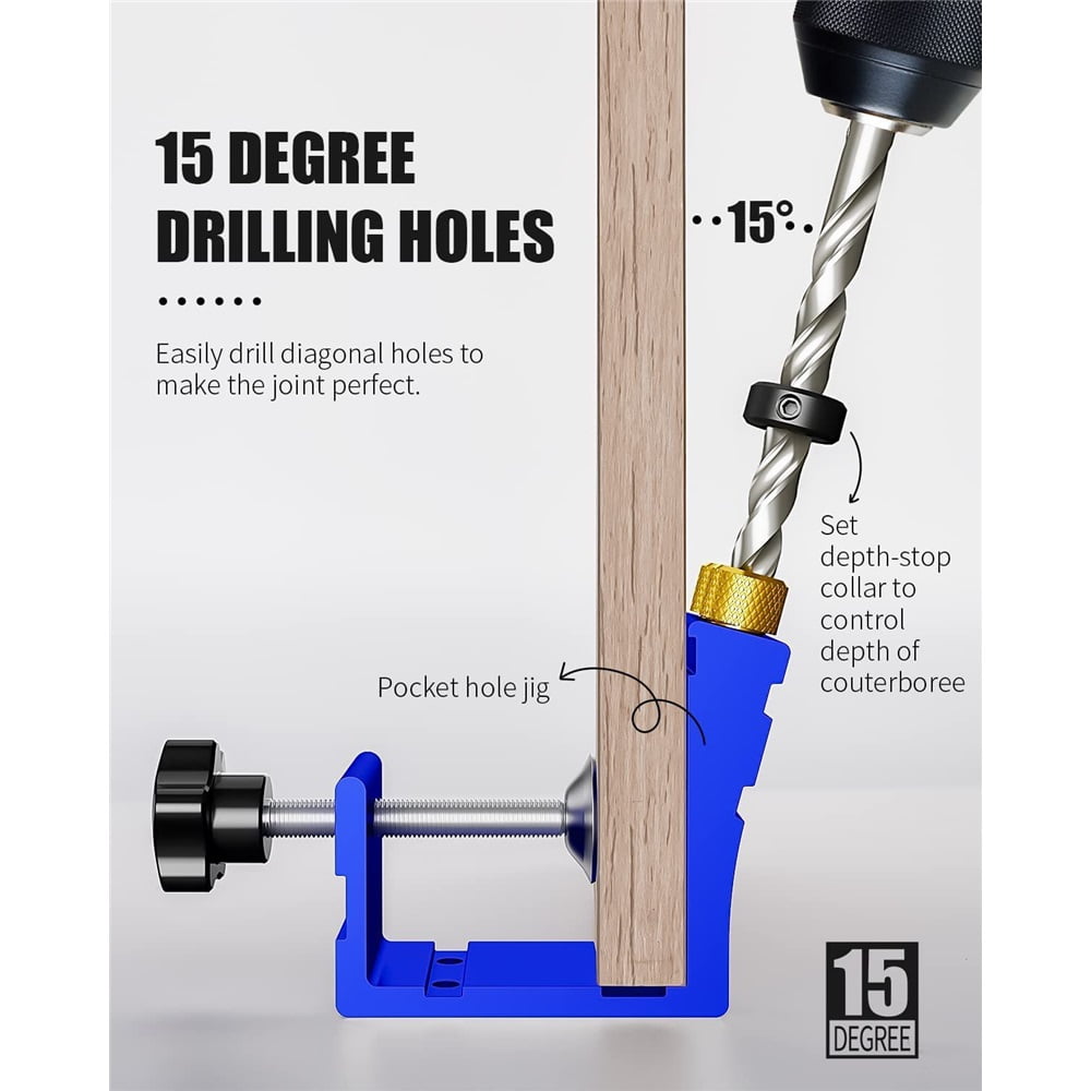 Pocket Hole Jig Kit, Pocket Screw Jig 15 Degree Drilling Locator,Pocket Dowel Hole Jig System Set Wood Joint Angle Tool (Blue)