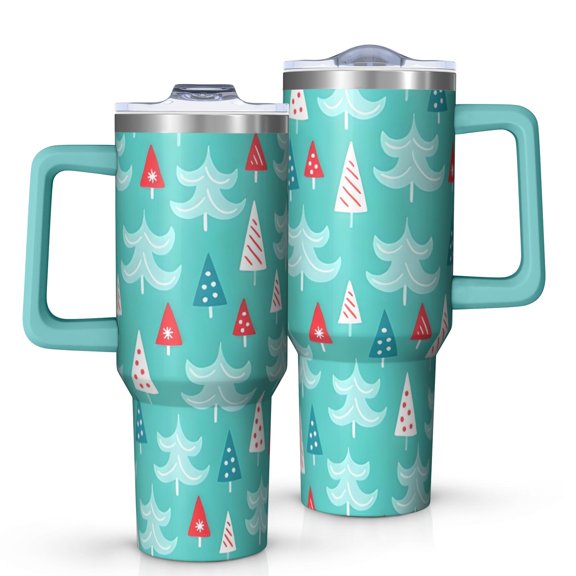 Turquoise Christmas Tree Pattern Tumbler with Handle and Lid,40oz Double Wall Vacuum Insulated Tumbler,Cups Gift for Women and Men