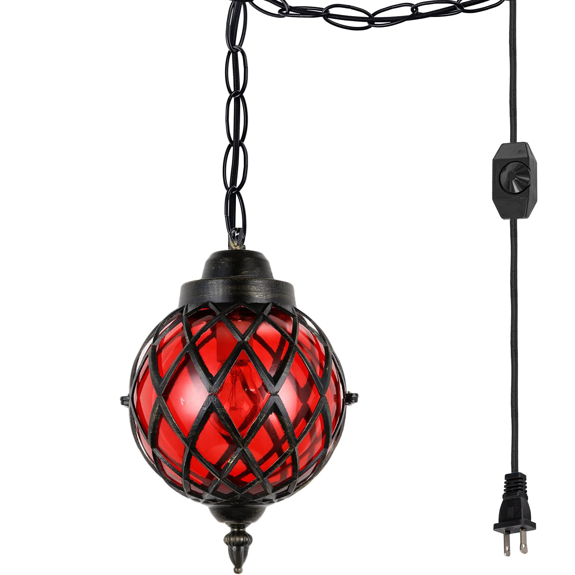 FSLiving Red Swag Lamp Portable Rustic Industrial Pendant Light with