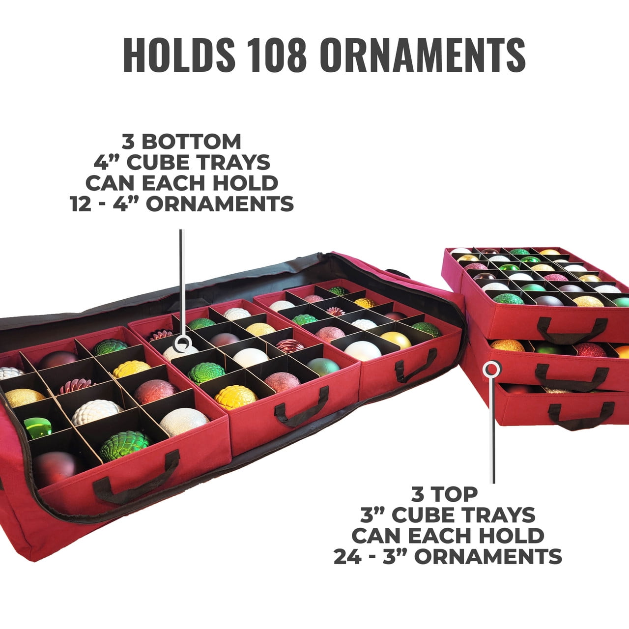 Under Bed Ornament Storage Holds 108 Ornaments, 72 - 3" and 36 - 4" Ornament Compartments (SB-40060-VT)