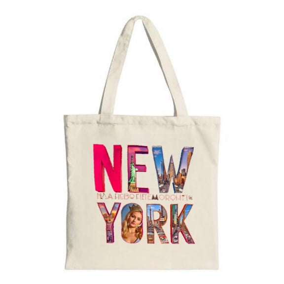 Vibrant New York Tote Bag with colorful ' NEW YORK ' text featuring iconic landmarks like the