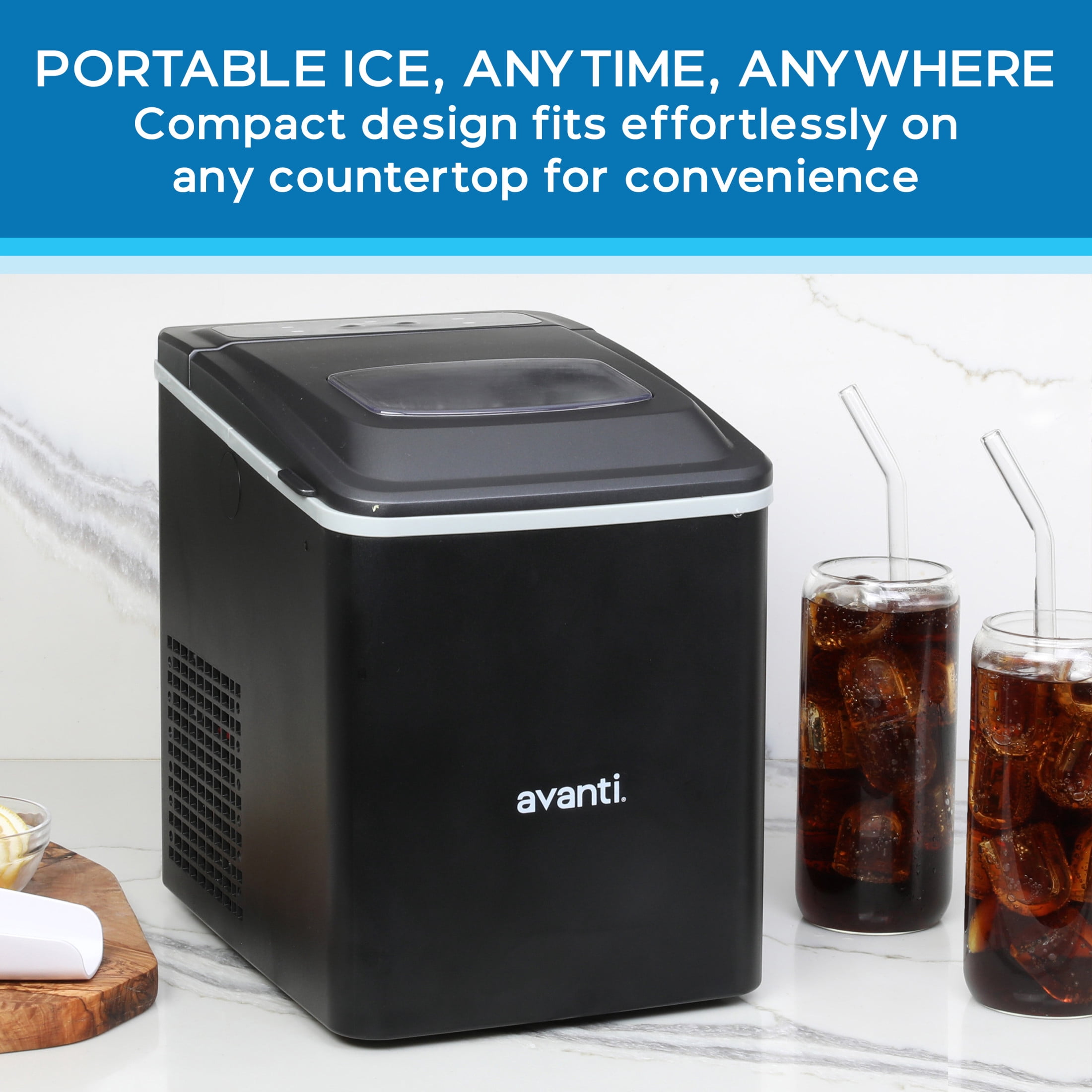 Avanti Mighty Ice 26lb. Countertop Bullet Ice Maker, Fast 6-Minute Ice Cycle, Self-Cleaning, Two Ice Sizes, Ultra Quiet, in Black (AVIM2625BK)