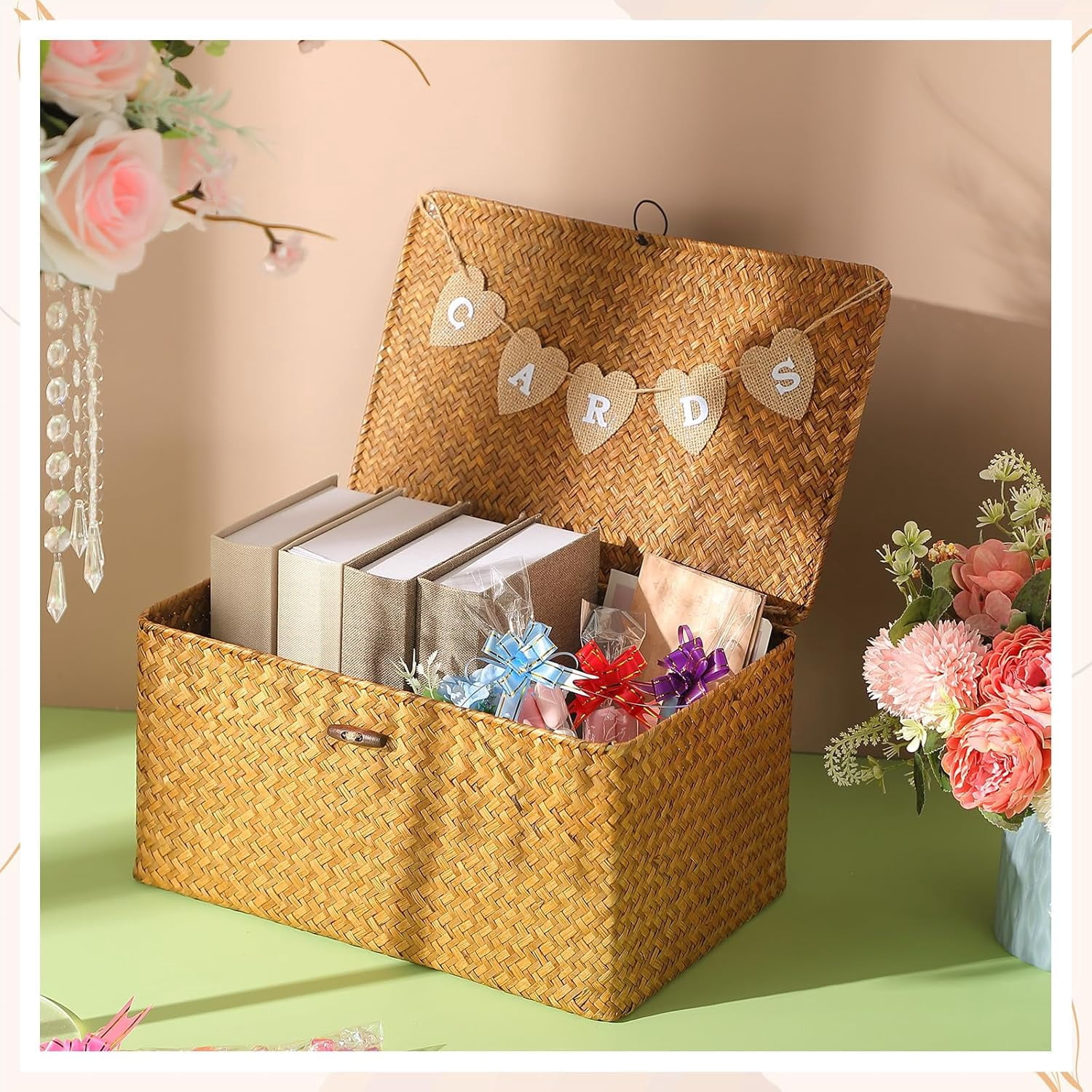 Geelin Sea Grass Wedding Card Basket With Letter Flag Decorative Wedding Card Woven Post Box Suitable For Baby Showers Birthdays Graduation Ceremonies Bridal Showers(Natural Color,14 Inch)