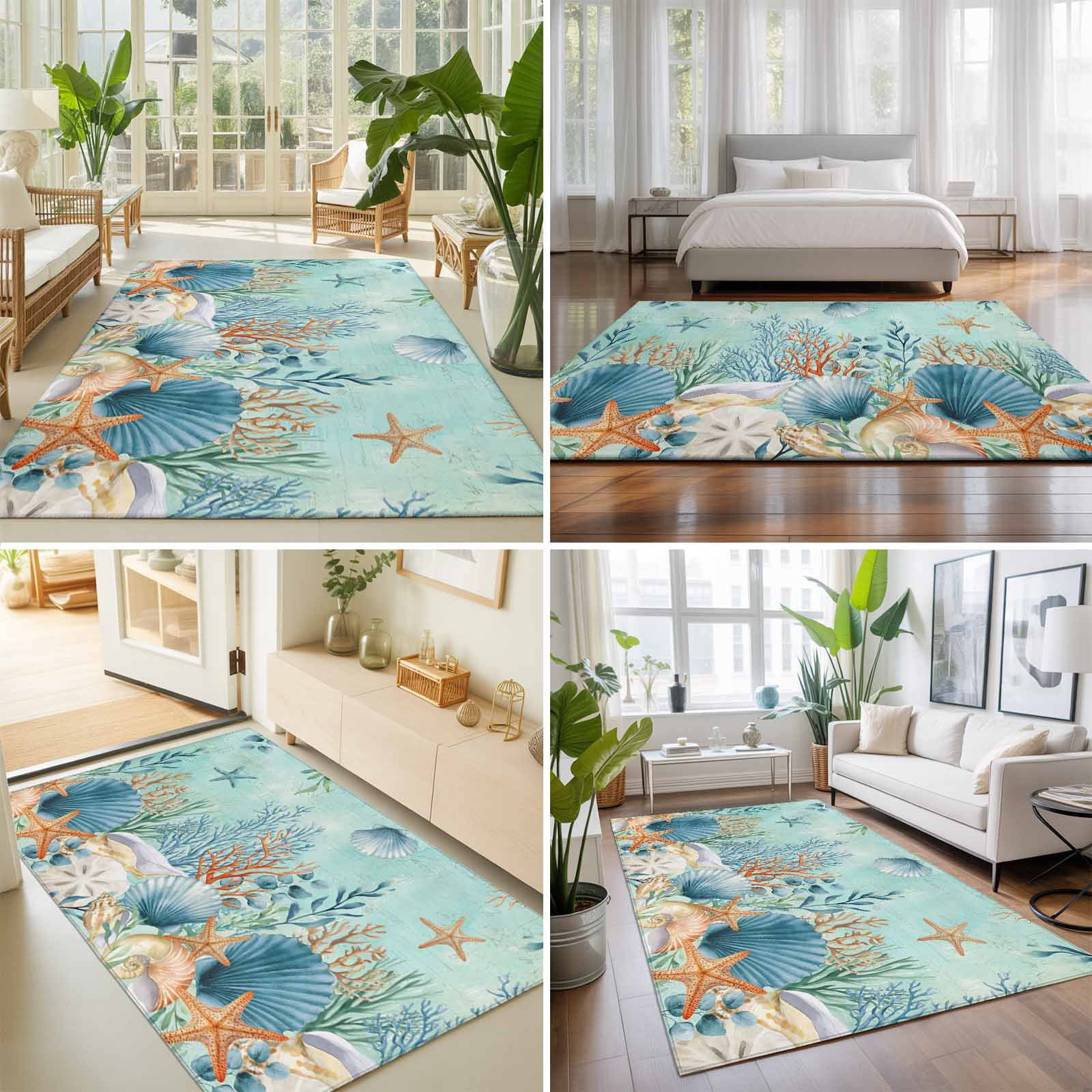 Large Area Rugs 8'x10', Teal Coastal Carpet Runner Indoor Outdoor Rugs Home Decor Aesthetic, Summer Beach Starfish Shell Coral Nautical Non Slip Mats Washable Accent Rug for Living Room Bedroom