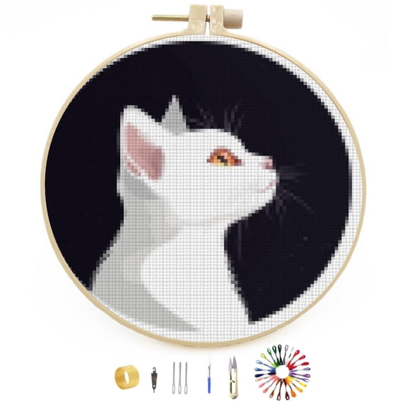 DIY Stamped Cross Stitch Kits White Cat Easy for Beginners with Hoop 11CT Counted Embroidery Needlepoint Crafts Arts for Handmade Enthusiasts and Home Decor 30x30cm(1)