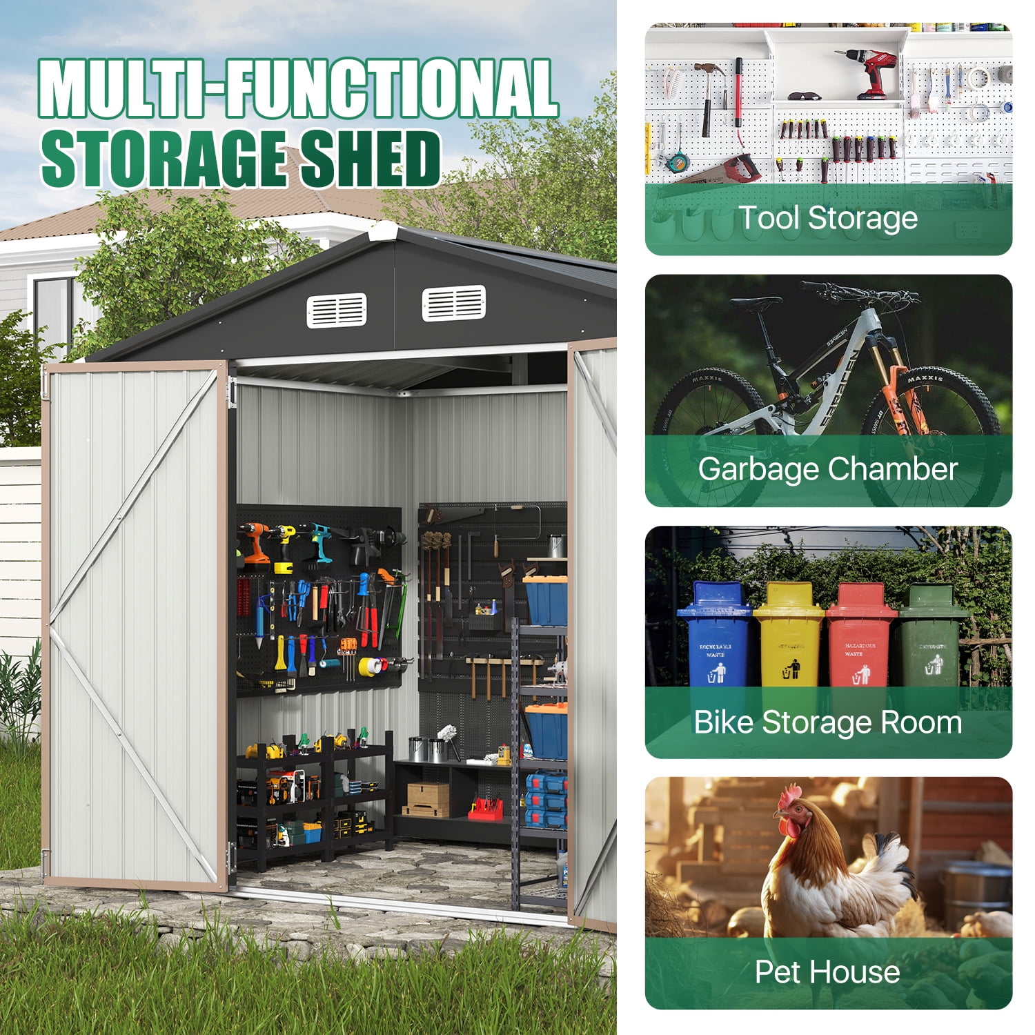 Clouddwell 7.5x5 ft. Outdoor Storage Shed, Brown Metal Garden Shed with Double Lockable Doors for Backyard, Patio