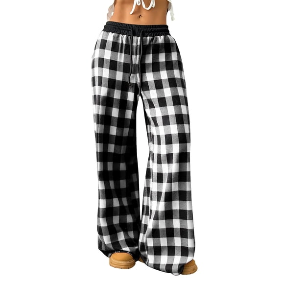 hoksml Women's Casual Elastic Waist Plaid Wide Leg Pants Soft Lounge Trousers with Drawstring for Home and Daily Wear