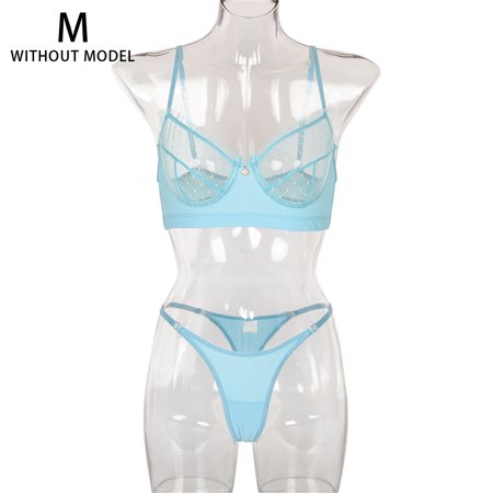 

Women Enchanting Underwear Set Mesh Eyelashes Lace Bra Underpant Gift Sky Blue M