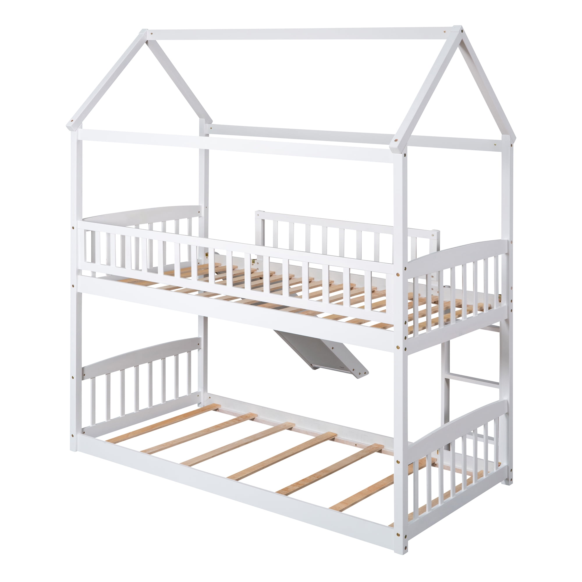 DEALTOPS Twin over Twin Bunk Bed with Slide and Ladder, Wooden Bed Frame for Kids, Teens, White