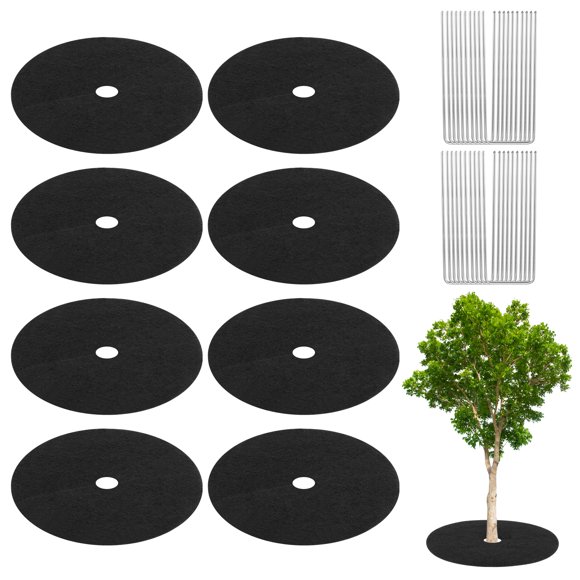 Anillo de mantillo de árbol no tejido de 8 piezas, tapete protector de árbol de 20.5 pulgadas con 20 estacas para protección de raíces de plantas [Negro]