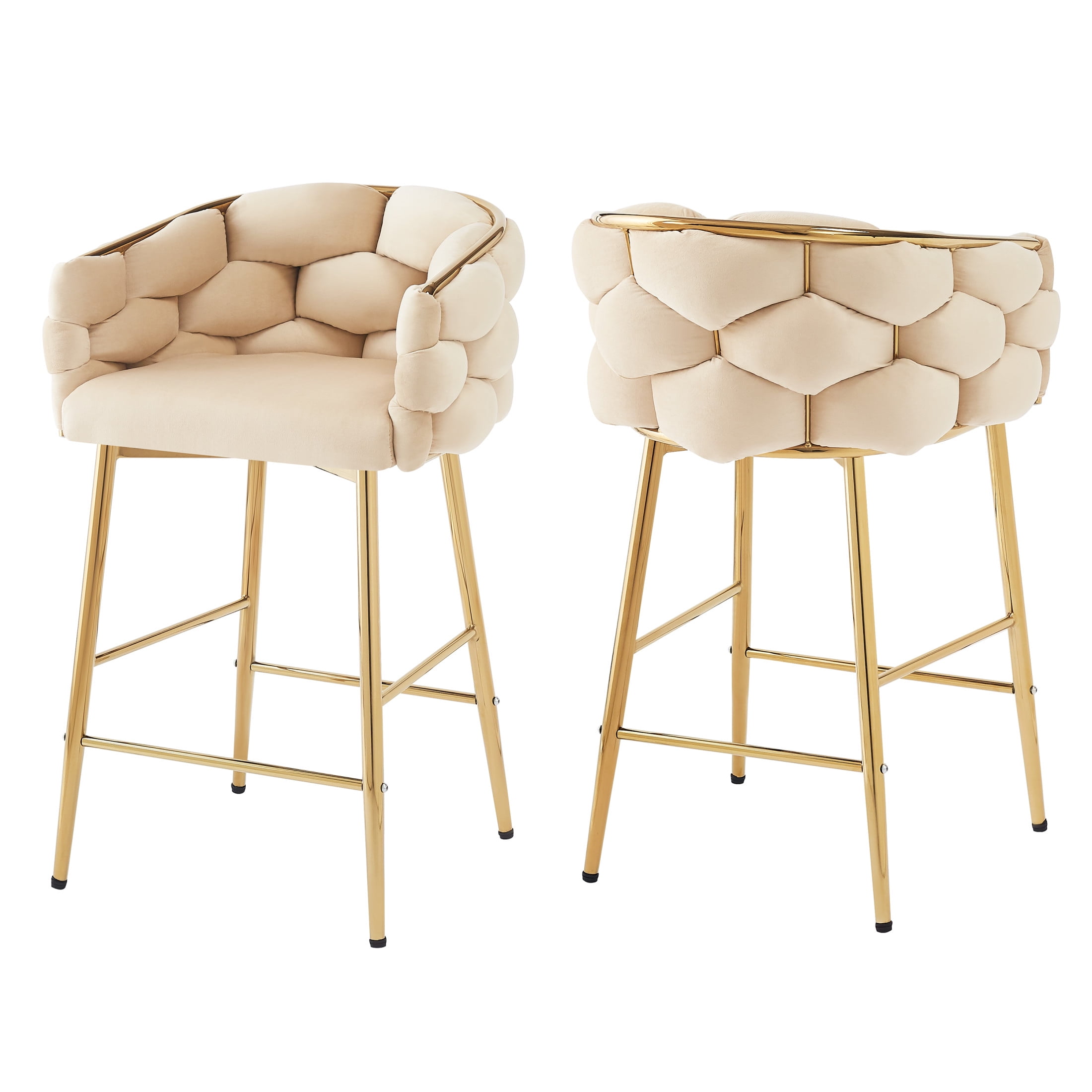 Nivora 28" Seat Height Modern Upholstered Flannelette Counter Stools, Metal Frame, Beige + Gold, Set of 2