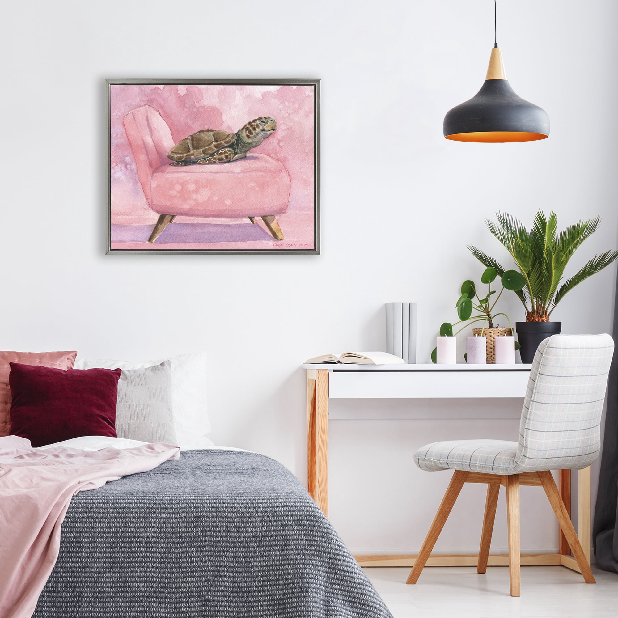 Stupell Industries Happy Turtle on Pink Chair Gray Framed Floater Canvas Wall Art, design by George Dyachenko
