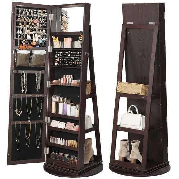 Mirror Jewelry Cabinet 360° Rotating Jewelry Armoire Storage Box w/ Full Length Mirror Jewelry Organizer for Female Brown Clearance