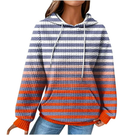 mihongmao Corset Tops for Women Women S 2024 Winter Hooded Sweatshirt Loose Casual Striped Print Round Neck Hooded Long Sleeve Sweatshirt Womens Tops Clearance under $5 Orange L