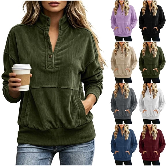 Tqcoqu Women's Corduroy Buttoned Stand Collar Sweatshirt,Oversized Long Sleeve Casual Tops with Kangaroo Pocket,2026 Fall WinterTrendy Clothes,Army Green Women's S-XXL