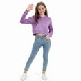 thumbnail image 4 of IVEYRTF Girls Zip Up Cropped Hoodie Long Sleeve Casual Sweatshirts with Pockets Lightweight Soft Comfortable Breathable Stretchy Classic Hooded Solid Color for Everyday Wear(Purple#1,10 Years), 4 of 8