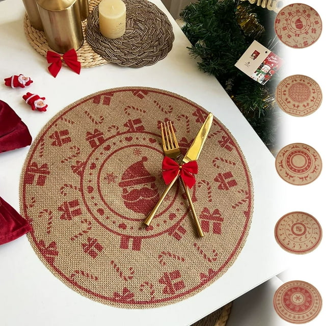 Bowayaoa Napperon de Noël Rouge Rond Tissé Flocon de Neige Renne Tapis de Table Résistant à la Chaleur Napperon Décoratif pour Cuisine Salle à Manger