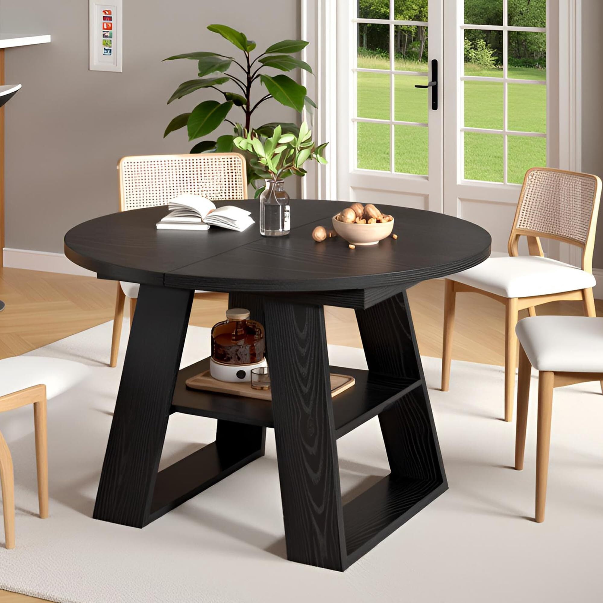 Fsbecl 43.3in-59in Extendable Round Dining Table for 4-8, Space Saving Kitchen Table with Storage Shelf Base, Black