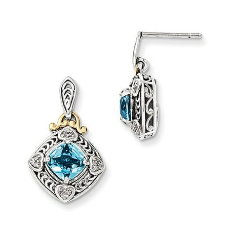 SS 14k Yellow Gold Diamond & Blue Topaz Vintage Style Earrings 0.08ct (0.8IN x 0.4IN )
