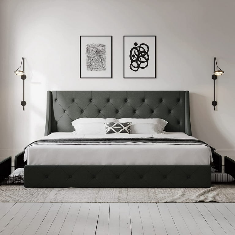 Allewie King Size Bed Frame with 4 Storage Drawers and Button Tufted &  Wingback Headboard, Dark Grey 