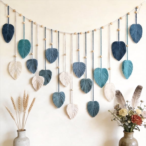 Macrame Wall Hanging Photo Display with 10 Clips Large Boho Woven Leaf Wall Art Handmade Cotton Tassel Decor for Bedroom Living Room Blue/Teal/White
