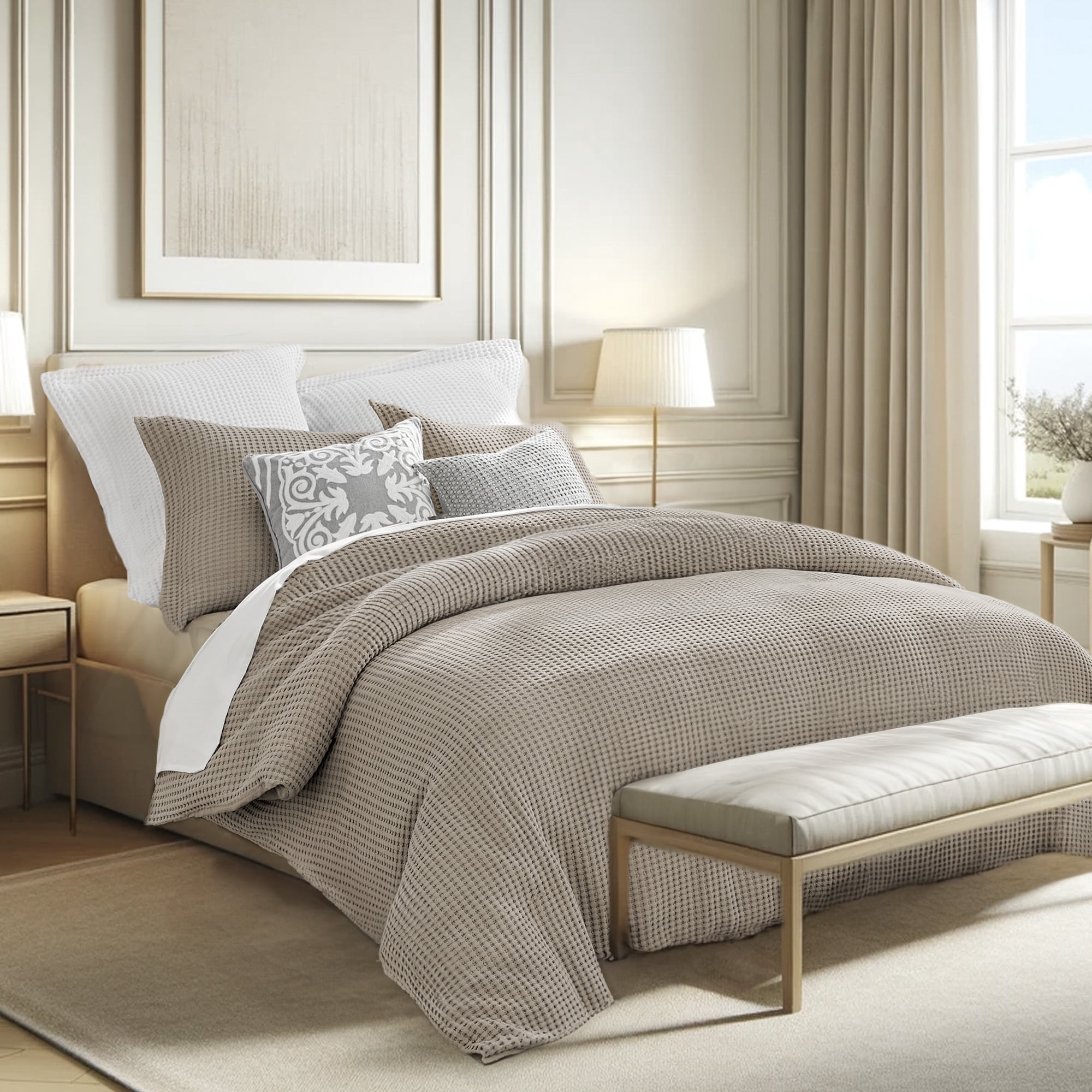 Levtex Home - Mills Waffle Beige Fawn Duvet Cover Set - Twin Duvet Cover + Two Standard Pillow Cases - Beige Fawn Waffle Weave - Duvet Cover (68 x 88in.) and Pillow Case (26 x 20in.) - Cotton