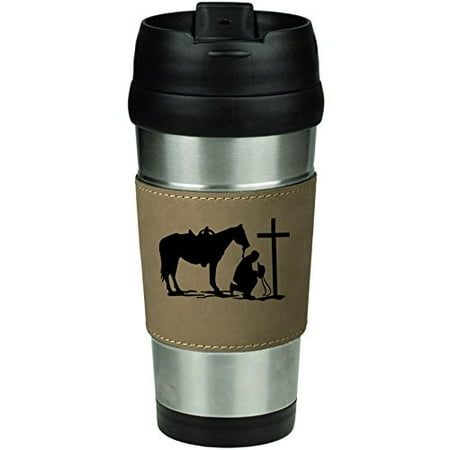 Horse Travel Mugs - Leather & Stainless Steel Insulated 16oz Travel Mug Cowboy Praying Cross Horse