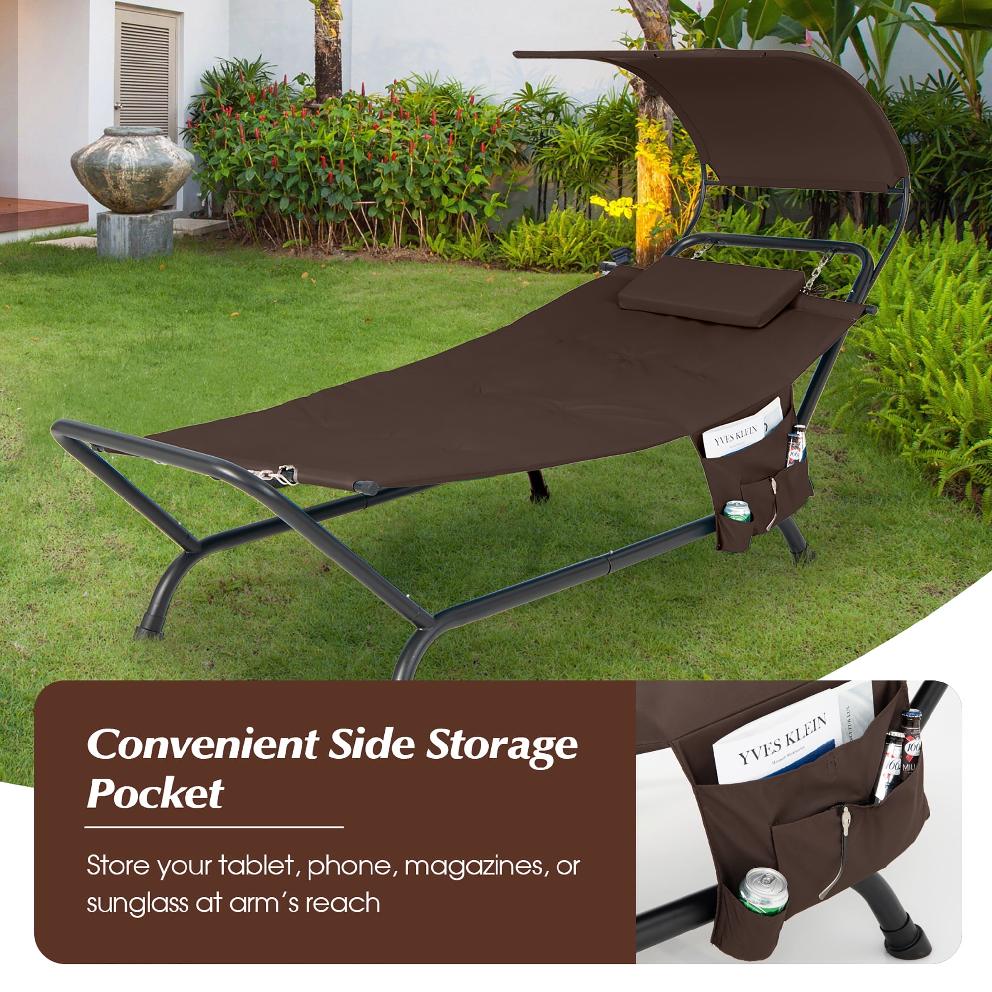 Costway Patio Hanging Chaise Lounge Chair with Canopy Cushion Pillow Storage Bag Brown Walmart