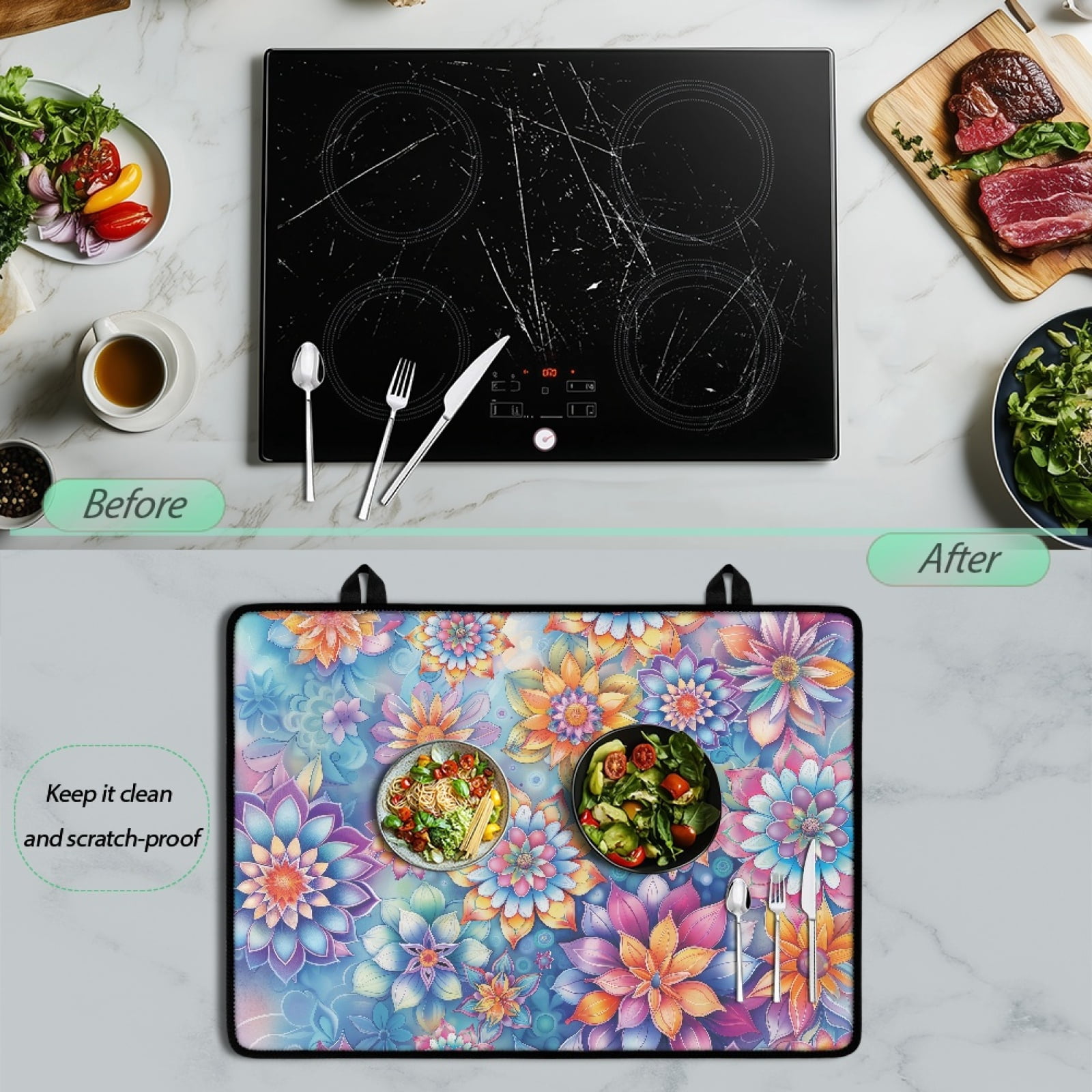 Renewold Stove Cover for Electric Glass Top Stove, Induction Electric Stove Top Protector Oil-proof Heat Resistant Washer Dryer Top Cover, 29'' x 21'', Bohemian Flower Blue