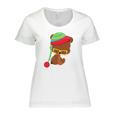 Inktastic Hipster Bear  Bear With Glasses  Hat  Brown Bear Women s Plus Size T-Shirt
