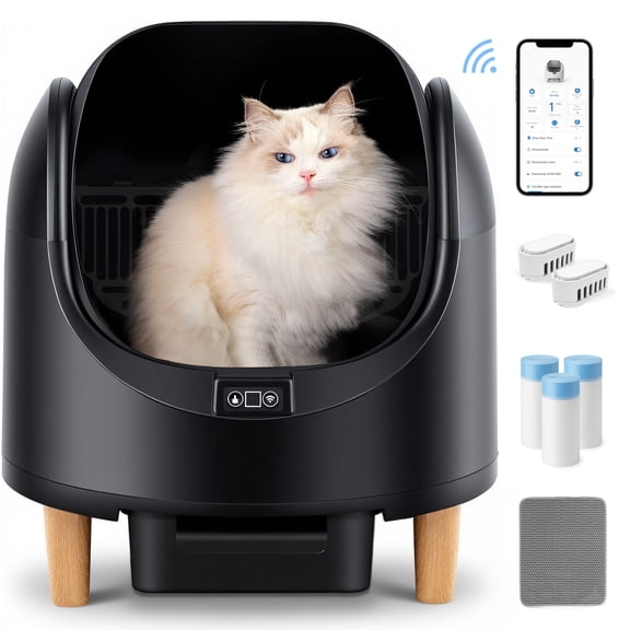 Self Cleaning Cat Litter Box, Open-Top Large Automatic Cat Litter Box with APP Control, Odor-Free Waste Disposal, Black