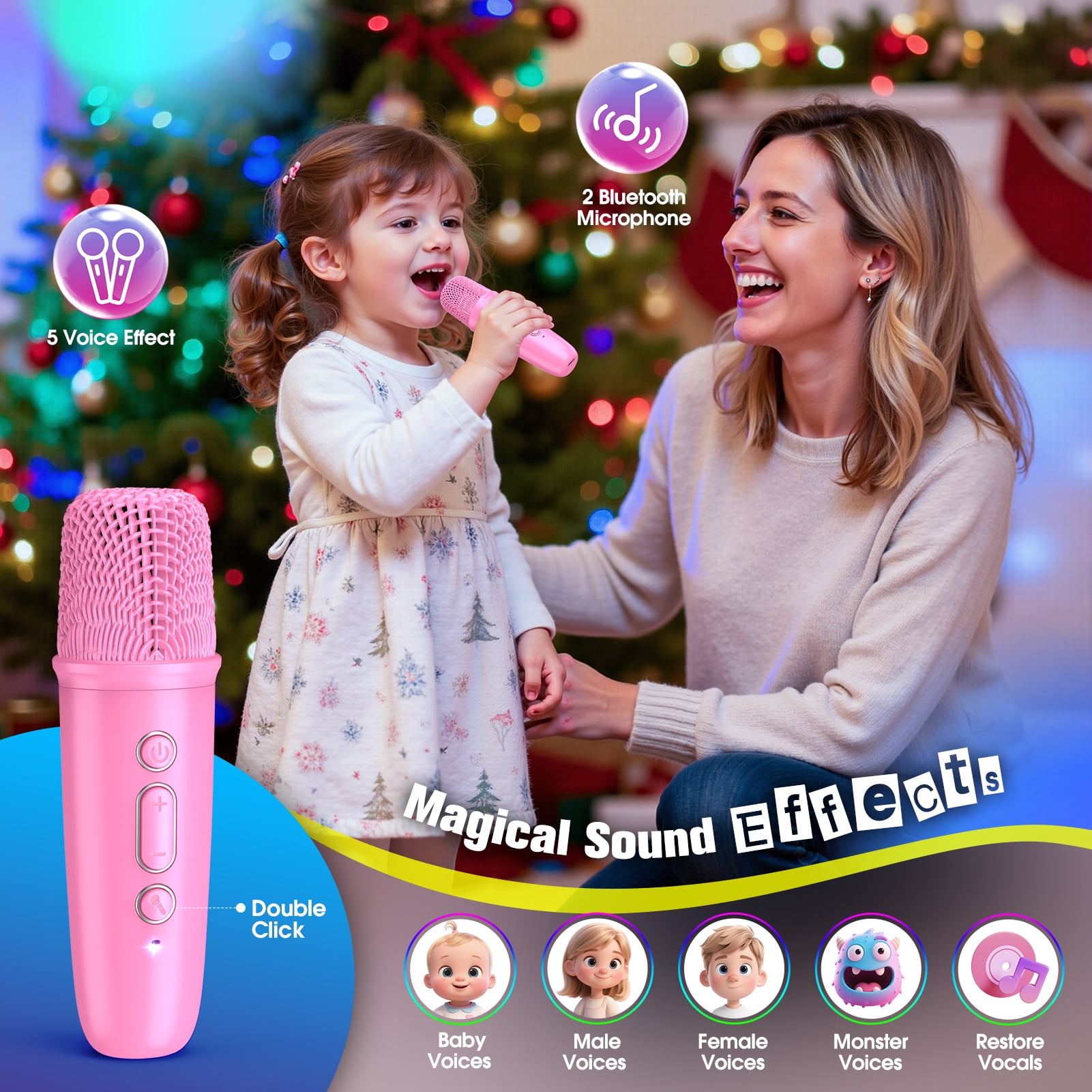 Karaoke Machine for Kids Adults, Portable Bluetooth Karaoke Speaker with 2 Wireless Microphones and Disco Party Lights, Mini Singing Toy Gift for Girls Boys Ages 4-12