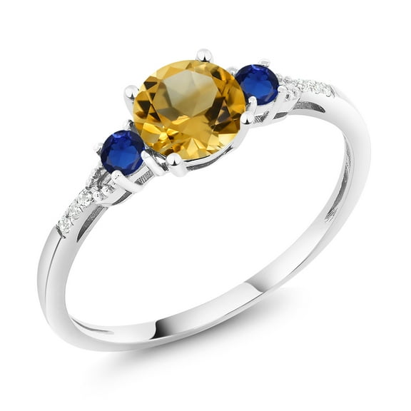 Gem Stone King 10K White Gold Yellow Citrine Blue Created Sapphire and White Diamond Accent 3-Stone Engagement Ring for Women (0.94 Cttw, Round 6MM, Gemstone November Birthstone, Size 7)