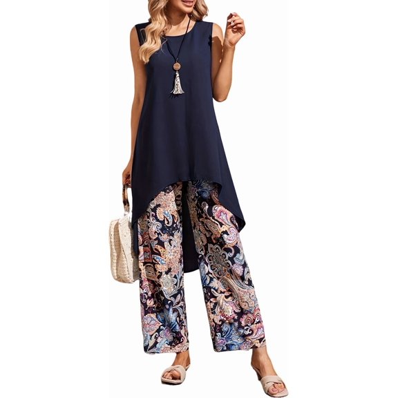 Women's Lounge Set 2 Piece Bohemian Outfit Sleeveless Tank Top High-Waisted Wide Leg Pants Leisure BeachSuit Loungewear Summer